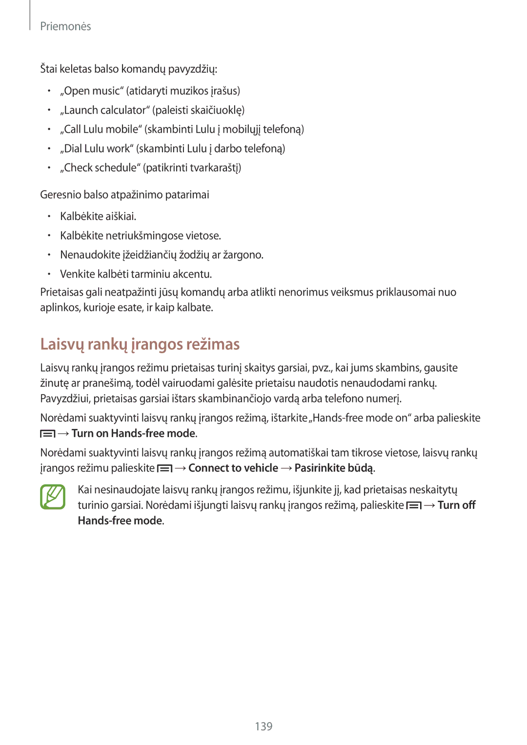 Samsung SM-N9005ZWESEB, SM-N9005ZKESEB, SM-N9005WDESEB manual Laisvų rankų įrangos režimas, →Turn on Hands-free mode 