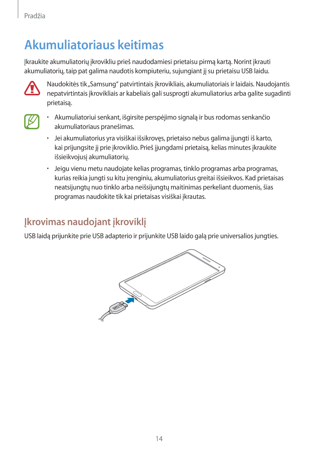 Samsung SM-N9005WDESEB, SM-N9005ZKESEB, SM-N9005ZWESEB manual Akumuliatoriaus keitimas, Įkrovimas naudojant įkroviklį 