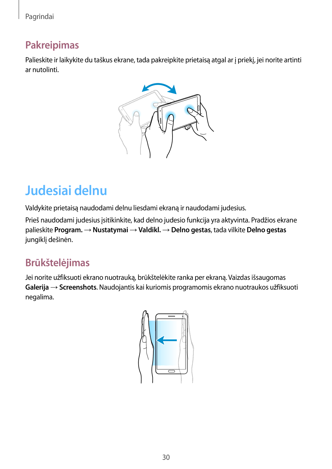 Samsung SM-N9005ZKESEB, SM-N9005ZWESEB, SM-N9005WDESEB manual Judesiai delnu, Pakreipimas, Brūkštelėjimas 