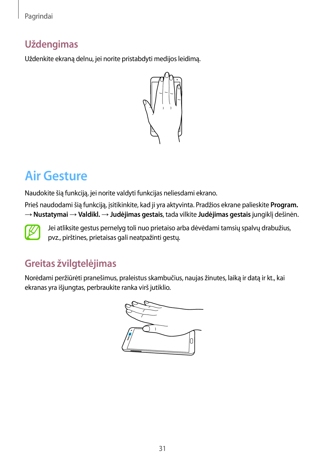 Samsung SM-N9005ZWESEB, SM-N9005ZKESEB, SM-N9005WDESEB manual Air Gesture, Uždengimas, Greitas žvilgtelėjimas 