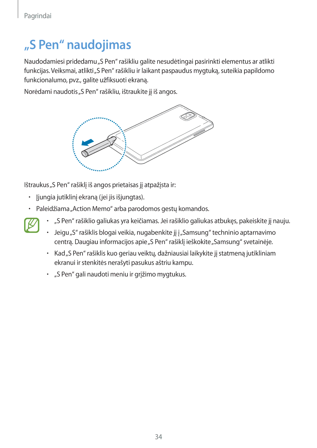 Samsung SM-N9005ZWESEB, SM-N9005ZKESEB, SM-N9005WDESEB manual „S Pen naudojimas 