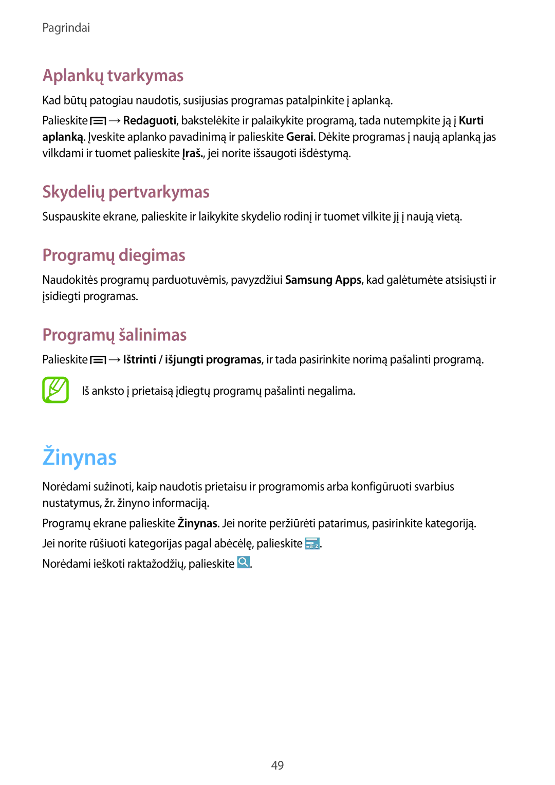 Samsung SM-N9005ZWESEB, SM-N9005ZKESEB, SM-N9005WDESEB Žinynas, Aplankų tvarkymas, Programų diegimas, Programų šalinimas 