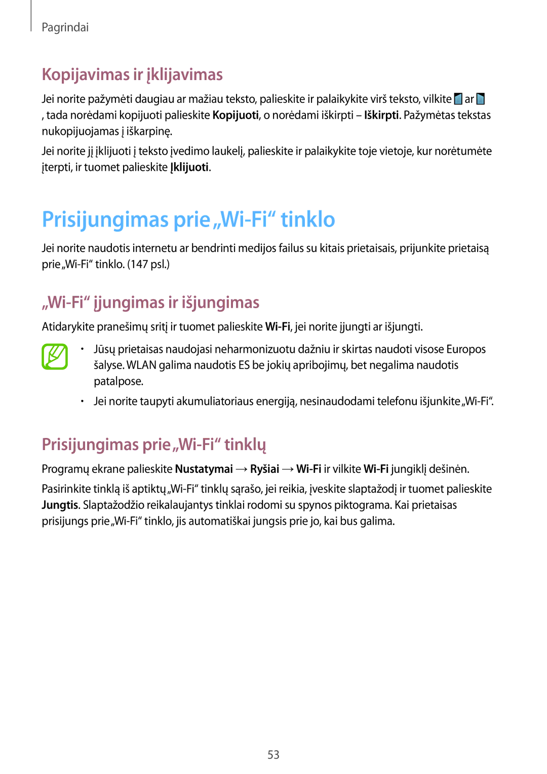 Samsung SM-N9005WDESEB manual Prisijungimas prie„Wi-Fi tinklo, Kopijavimas ir įklijavimas, „Wi-Fi įjungimas ir išjungimas 