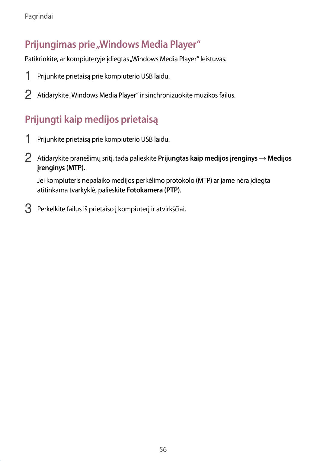 Samsung SM-N9005WDESEB, SM-N9005ZKESEB manual Prijungimas prie„Windows Media Player, Prijungti kaip medijos prietaisą 