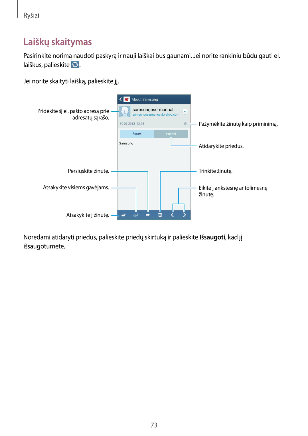 Samsung SM-N9005ZWESEB, SM-N9005ZKESEB, SM-N9005WDESEB manual Laiškų skaitymas 