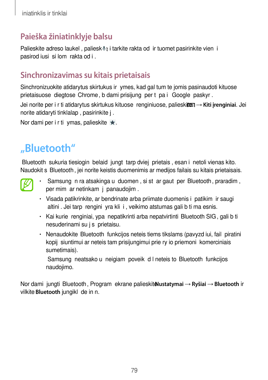 Samsung SM-N9005ZWESEB, SM-N9005ZKESEB „Bluetooth, Paieška žiniatinklyje balsu, Sinchronizavimas su kitais prietaisais 