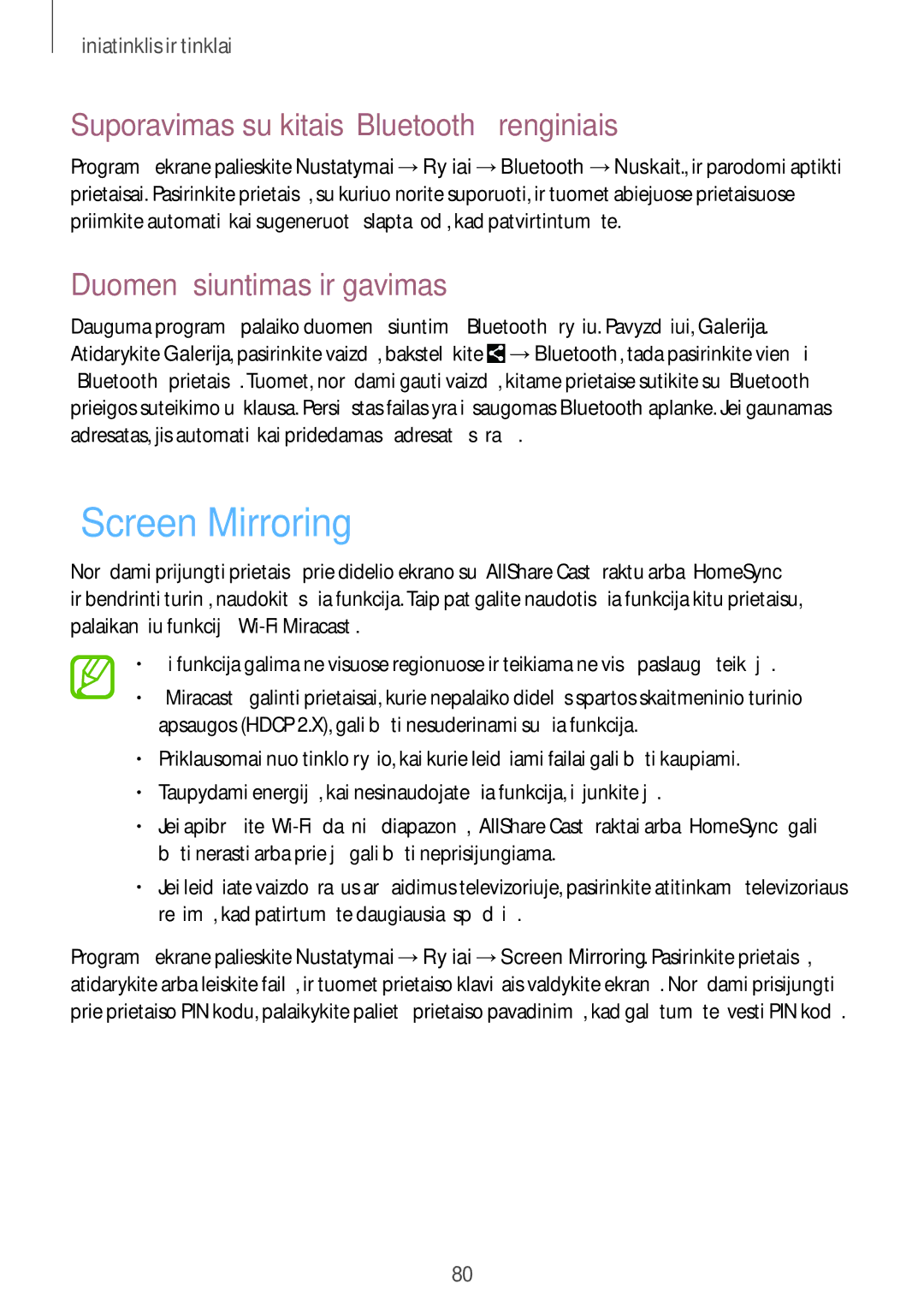 Samsung SM-N9005WDESEB manual „Screen Mirroring, Suporavimas su kitais„Bluetooth įrenginiais, Duomenų siuntimas ir gavimas 