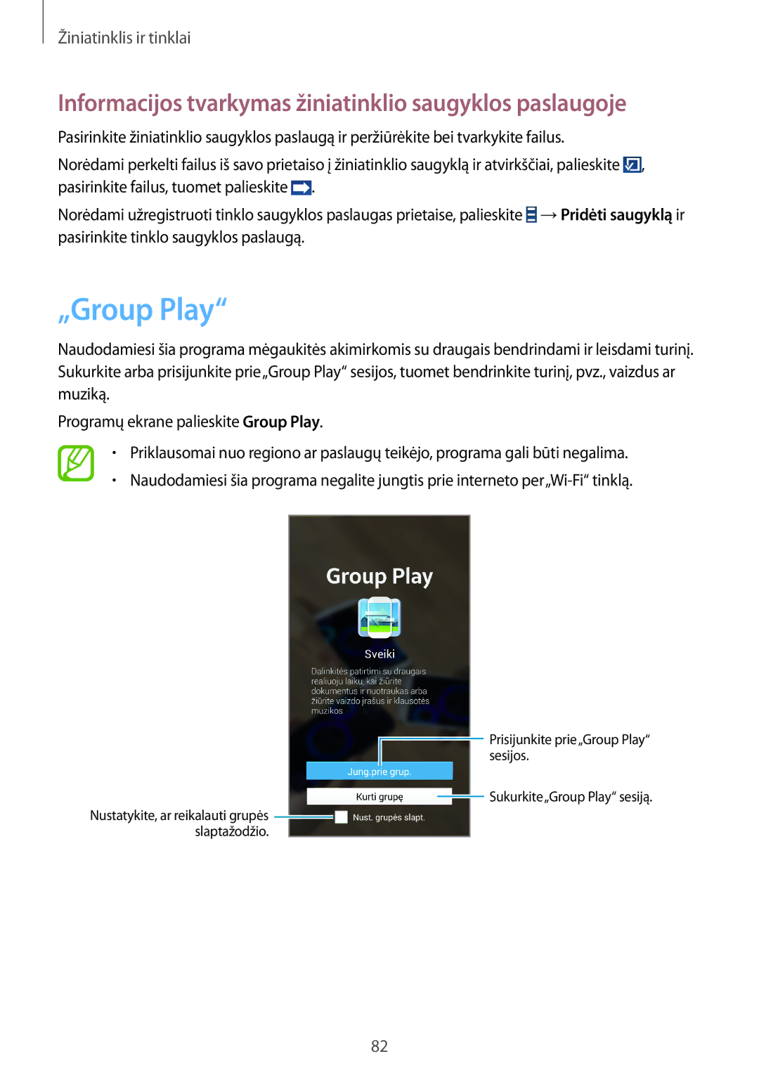 Samsung SM-N9005ZWESEB, SM-N9005ZKESEB manual „Group Play, Informacijos tvarkymas žiniatinklio saugyklos paslaugoje 