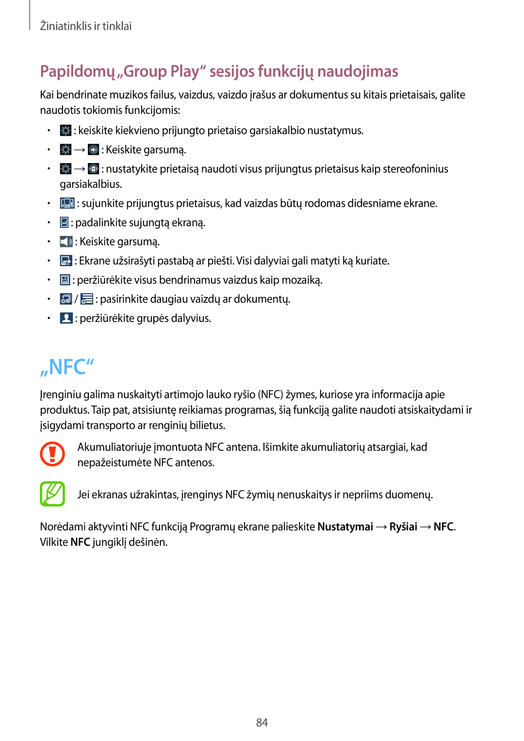 Samsung SM-N9005ZKESEB, SM-N9005ZWESEB, SM-N9005WDESEB manual „Nfc, Papildomų„Group Play sesijos funkcijų naudojimas 
