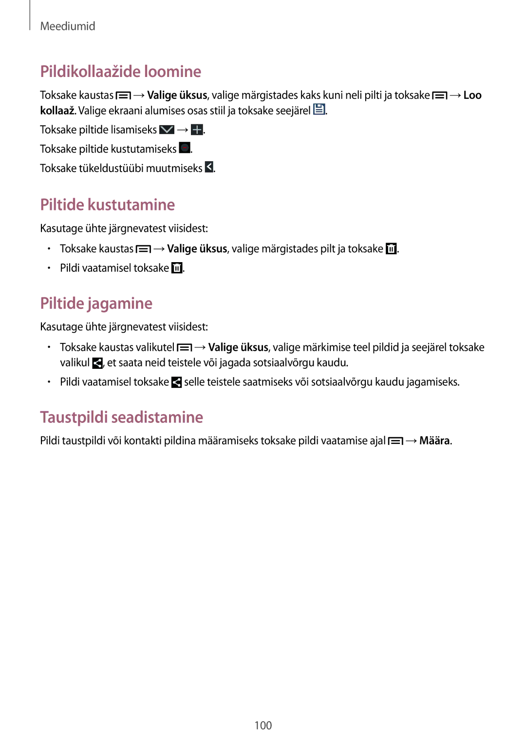 Samsung SM-N9005ZWESEB, SM-N9005ZKESEB, SM-N9005WDESEB manual Pildikollaažide loomine, Piltide kustutamine, Piltide jagamine 