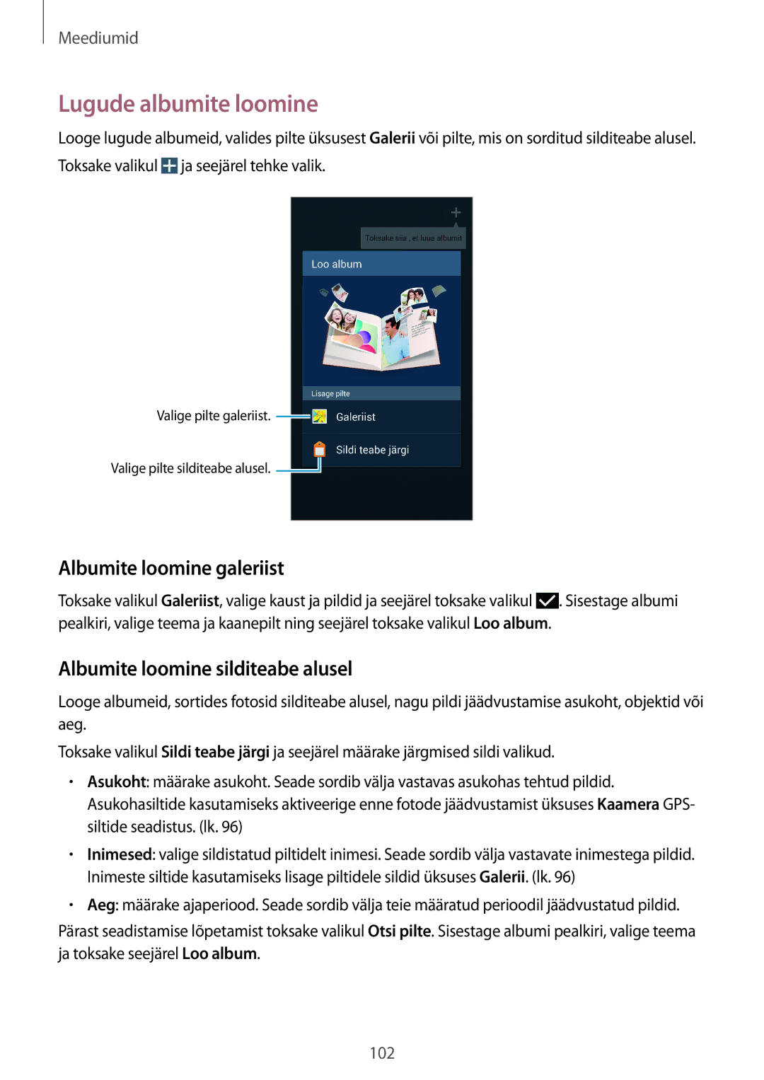 Samsung SM-N9005ZKESEB manual Lugude albumite loomine, Albumite loomine galeriist, Albumite loomine silditeabe alusel 