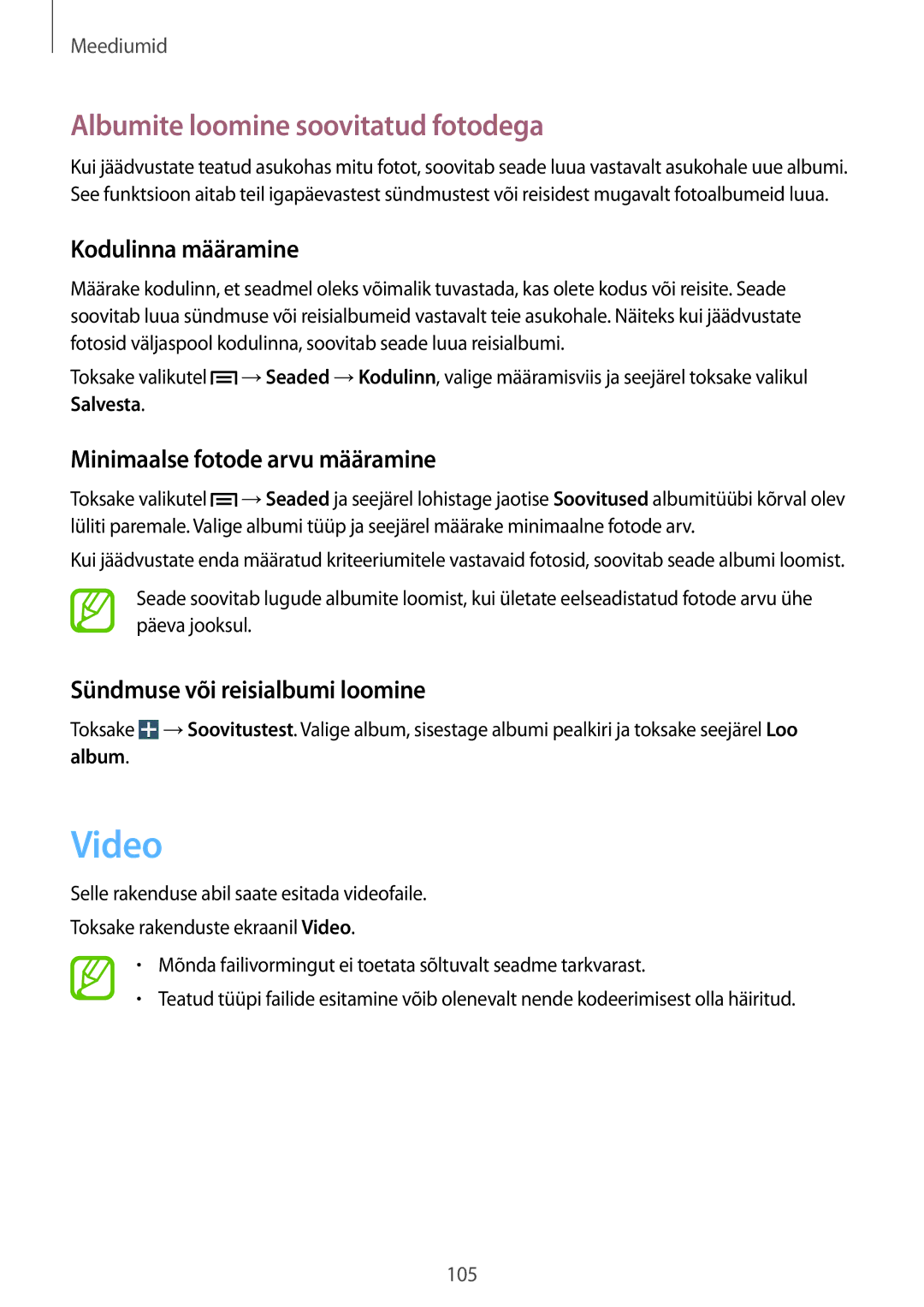 Samsung SM-N9005ZKESEB Video, Albumite loomine soovitatud fotodega, Kodulinna määramine, Minimaalse fotode arvu määramine 