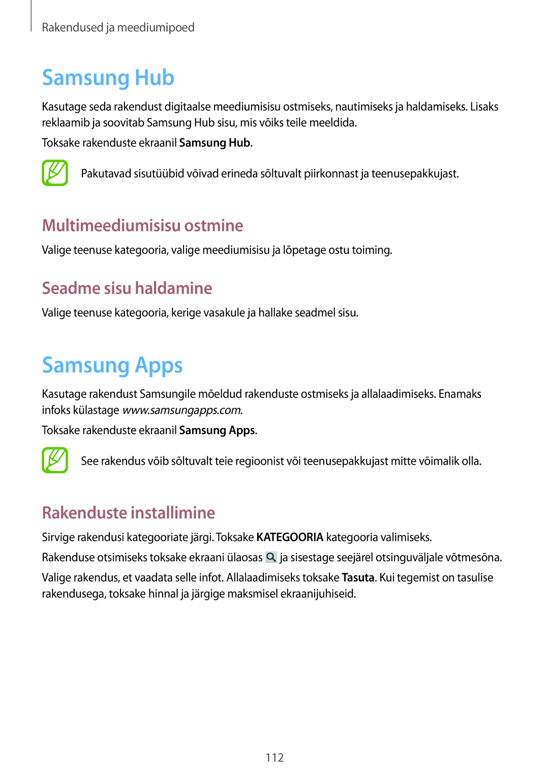 Samsung SM-N9005ZWESEB, SM-N9005ZKESEB manual Samsung Hub, Samsung Apps, Multimeediumisisu ostmine, Seadme sisu haldamine 