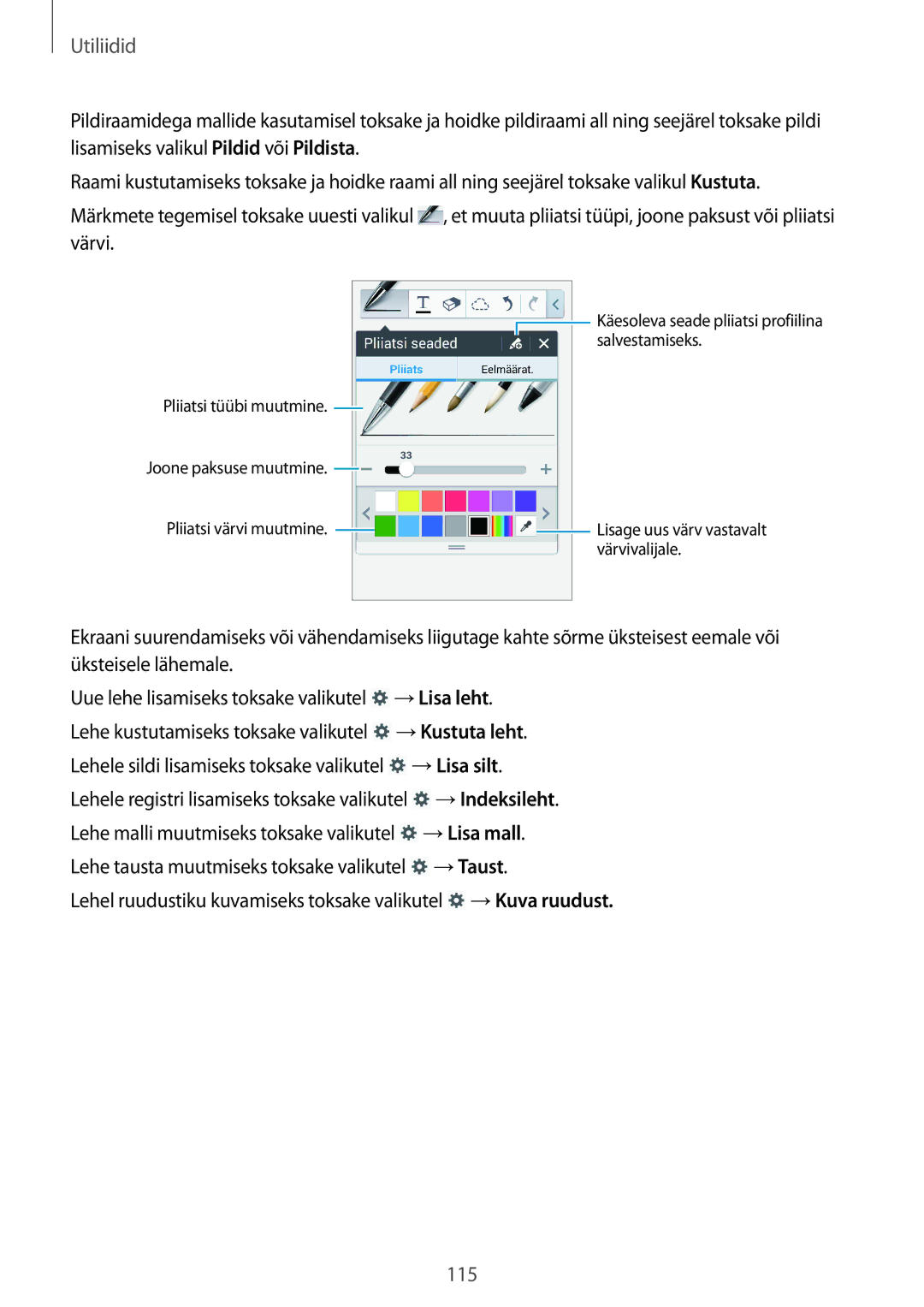 Samsung SM-N9005ZWESEB, SM-N9005ZKESEB, SM-N9005WDESEB manual →Lisa leht, →Kustuta leht, →Lisa silt, →Lisa mall, →Taust 