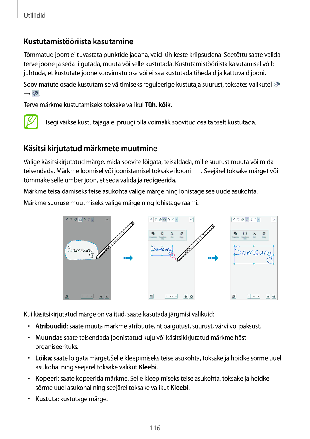 Samsung SM-N9005WDESEB, SM-N9005ZKESEB, SM-N9005ZWESEB Kustutamistööriista kasutamine, Käsitsi kirjutatud märkmete muutmine 