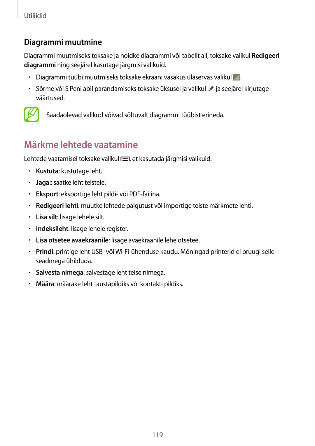 Samsung SM-N9005WDESEB, SM-N9005ZKESEB, SM-N9005ZWESEB manual Märkme lehtede vaatamine, Diagrammi muutmine 