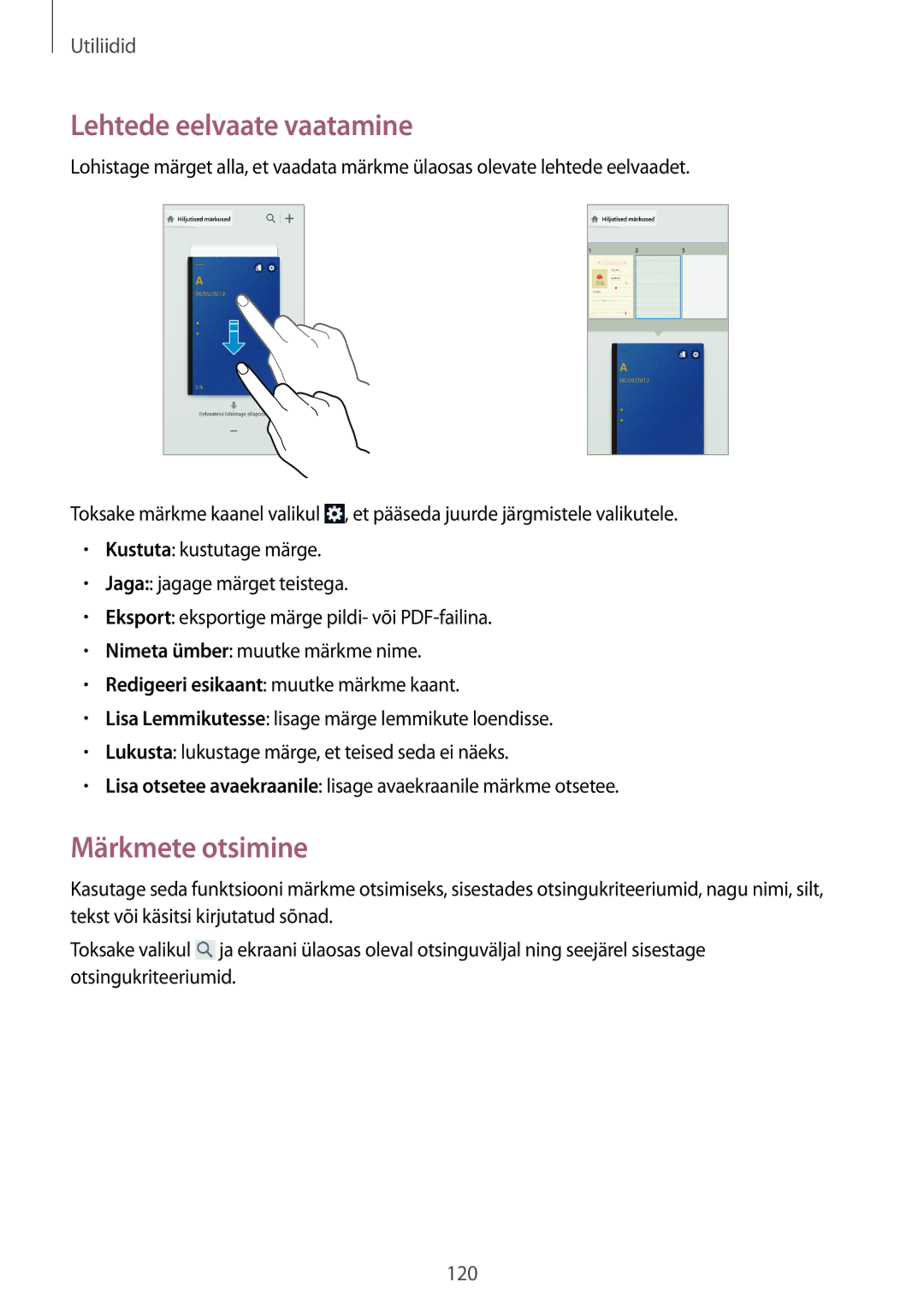 Samsung SM-N9005ZKESEB, SM-N9005ZWESEB, SM-N9005WDESEB manual Lehtede eelvaate vaatamine, Märkmete otsimine 