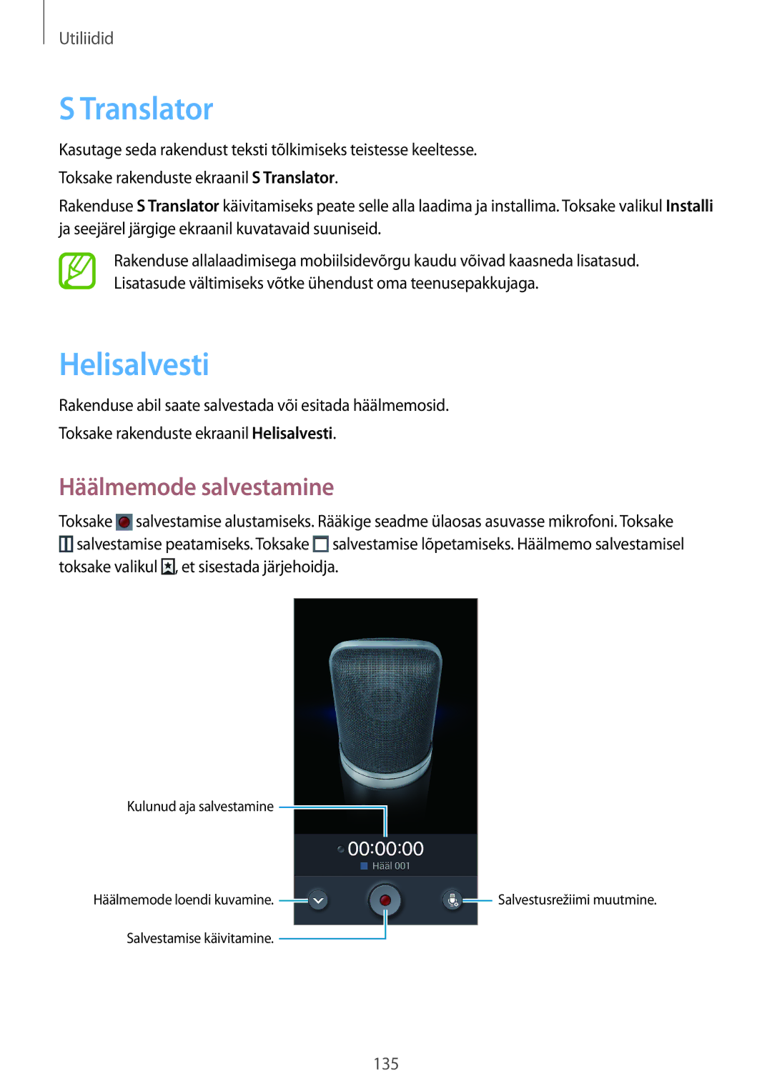 Samsung SM-N9005ZKESEB, SM-N9005ZWESEB, SM-N9005WDESEB manual Translator, Helisalvesti, Häälmemode salvestamine 