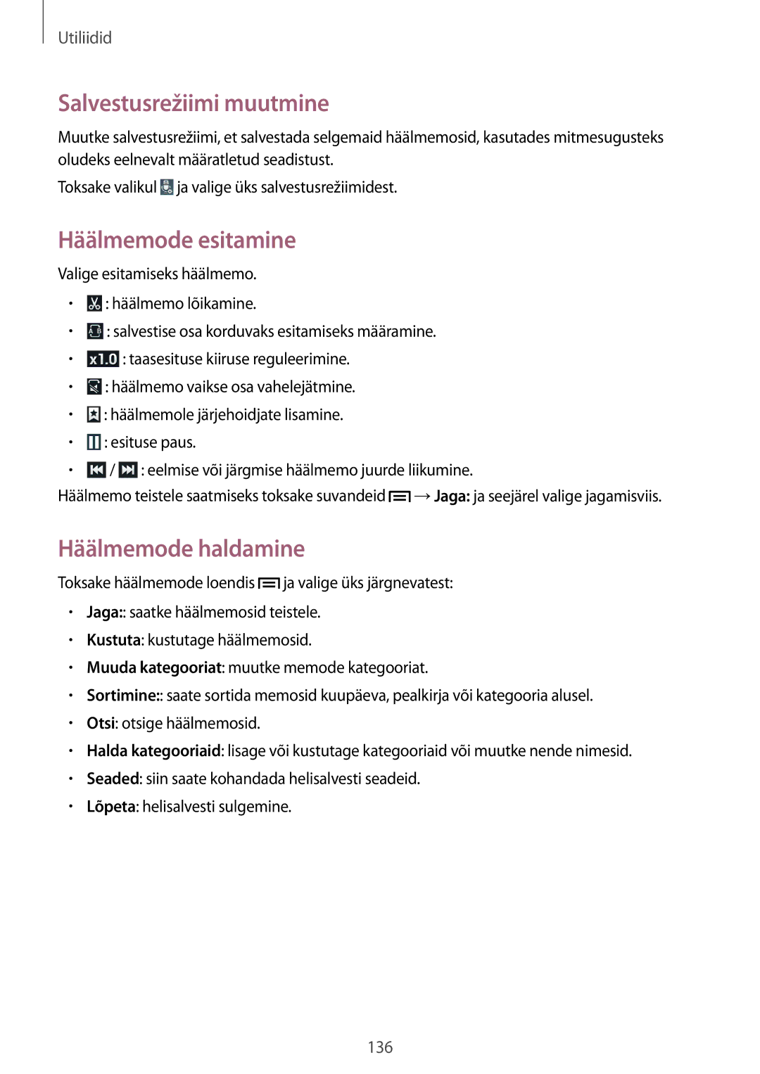 Samsung SM-N9005ZWESEB, SM-N9005ZKESEB manual Salvestusrežiimi muutmine, Häälmemode esitamine, Häälmemode haldamine 