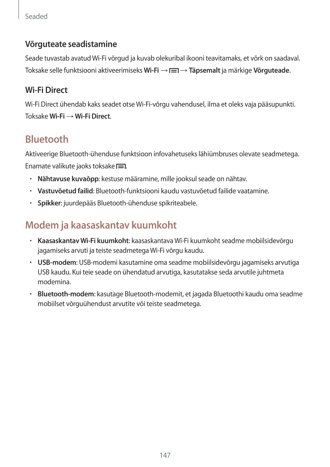 Samsung SM-N9005ZKESEB, SM-N9005ZWESEB Bluetooth, Modem ja kaasaskantav kuumkoht, Võrguteate seadistamine, Wi-Fi Direct 