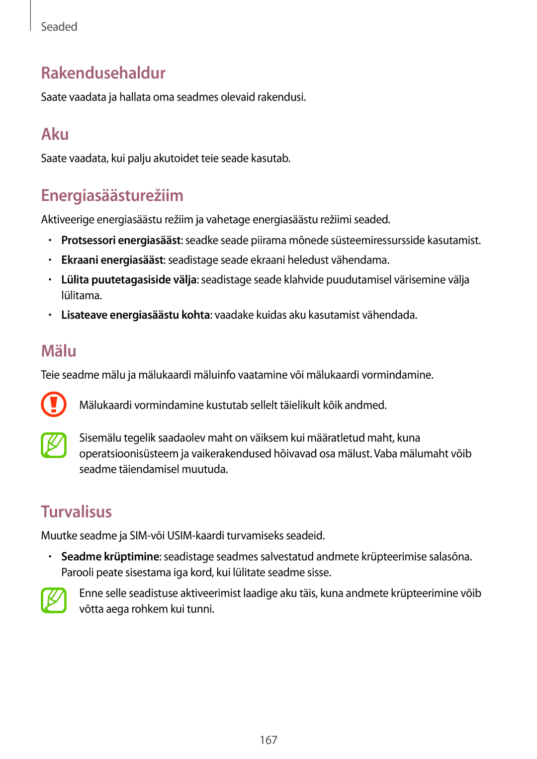 Samsung SM-N9005WDESEB, SM-N9005ZKESEB, SM-N9005ZWESEB manual Rakendusehaldur, Aku, Energiasäästurežiim, Mälu, Turvalisus 