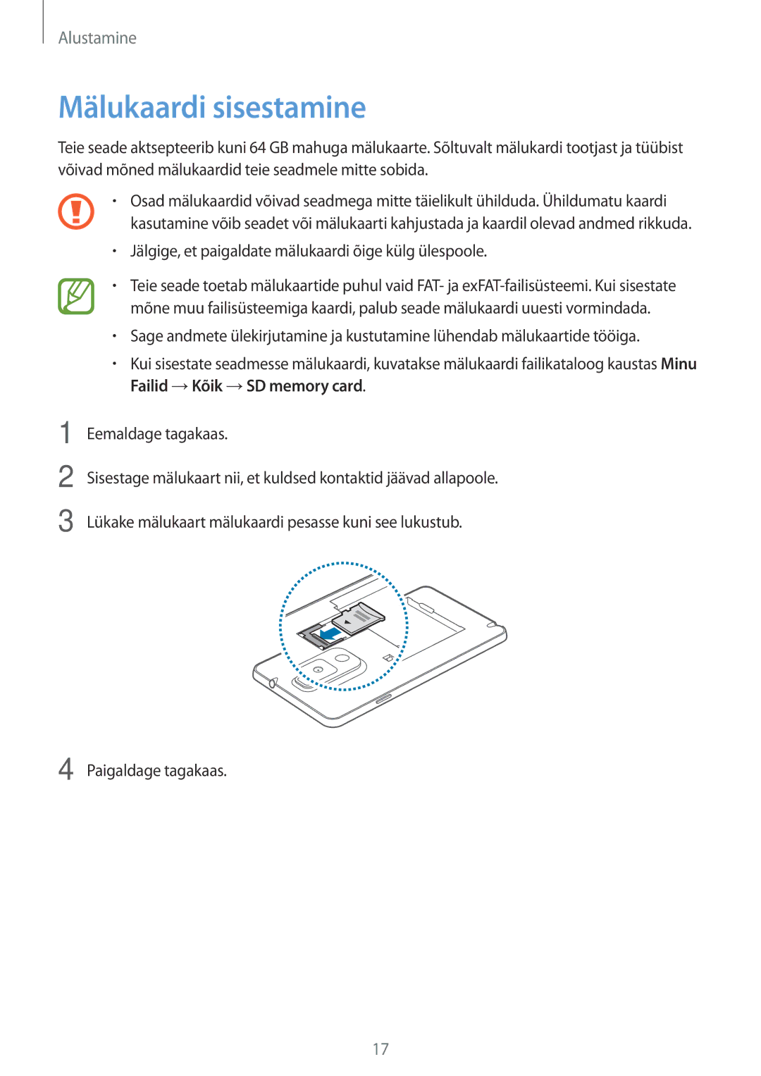 Samsung SM-N9005WDESEB, SM-N9005ZKESEB manual Mälukaardi sisestamine, Jälgige, et paigaldate mälukaardi õige külg ülespoole 