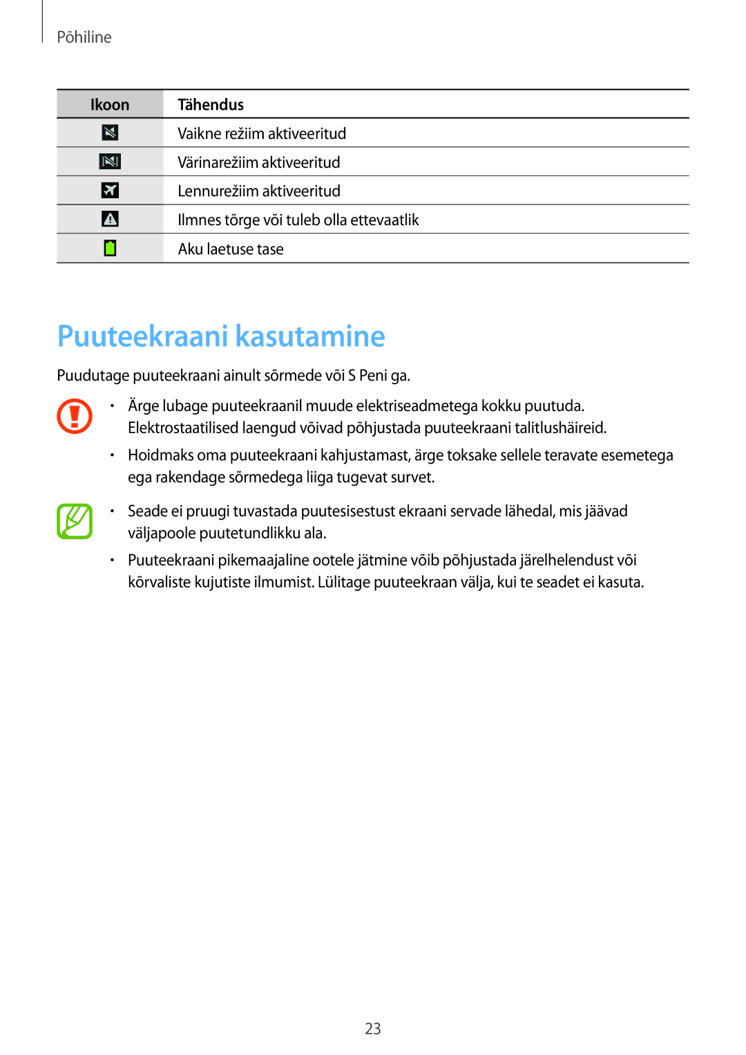 Samsung SM-N9005WDESEB, SM-N9005ZKESEB, SM-N9005ZWESEB manual Puuteekraani kasutamine, Põhiline 