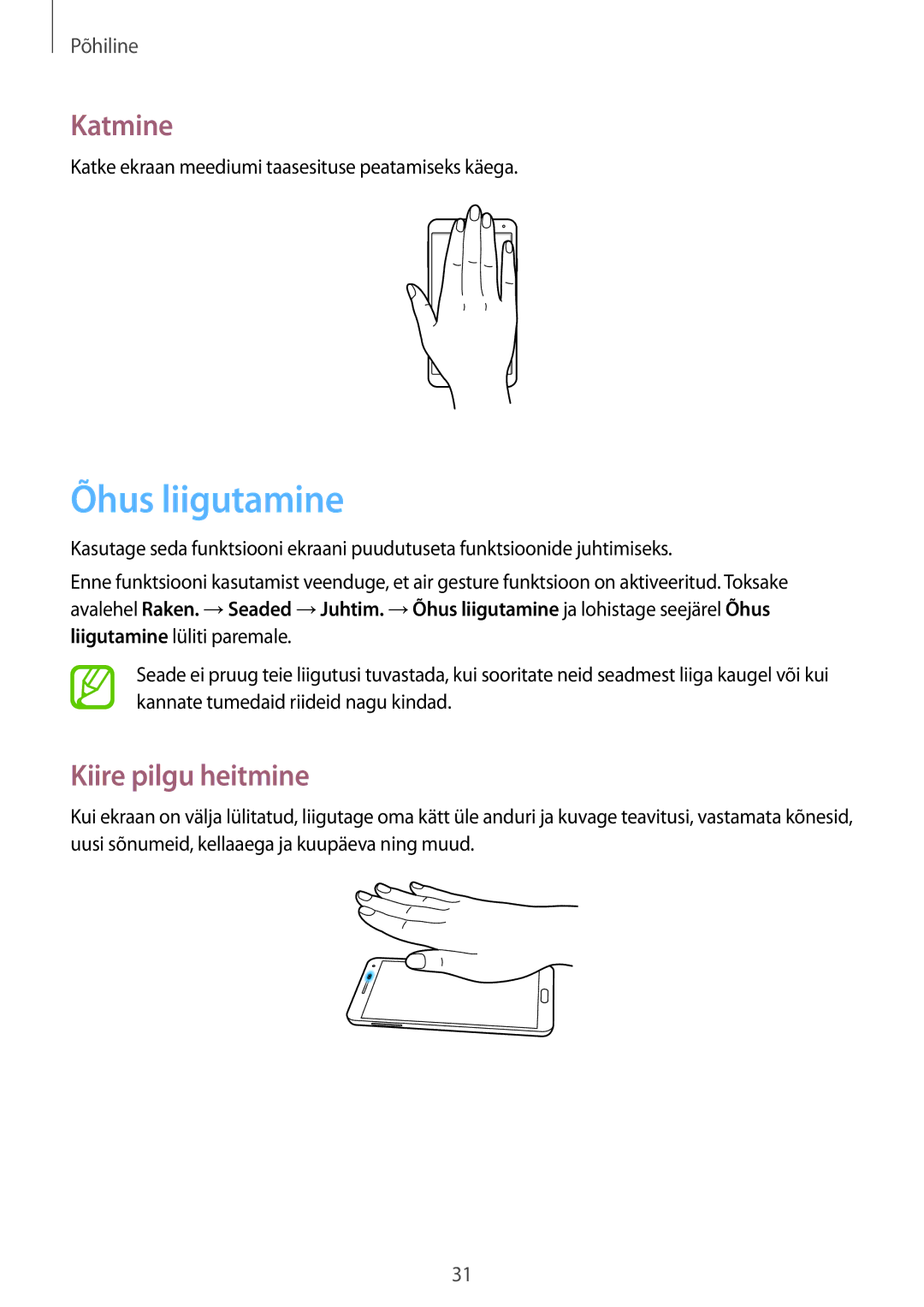 Samsung SM-N9005ZWESEB, SM-N9005ZKESEB, SM-N9005WDESEB manual Õhus liigutamine, Katmine, Kiire pilgu heitmine 