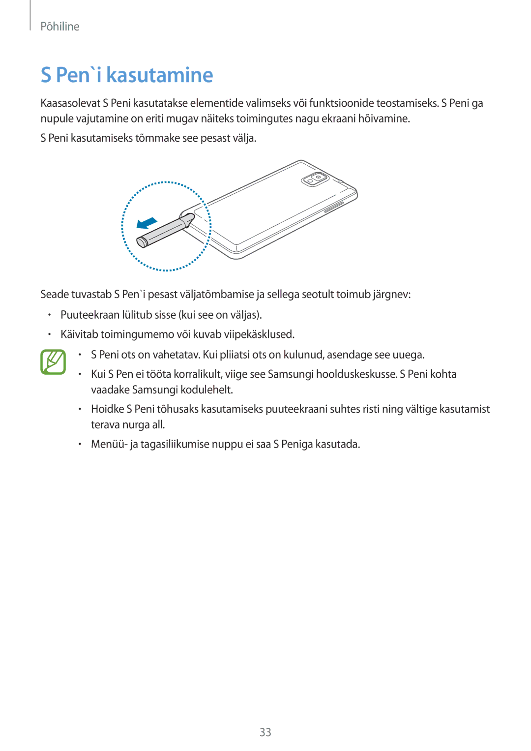 Samsung SM-N9005ZKESEB, SM-N9005ZWESEB, SM-N9005WDESEB manual Pen`i kasutamine 