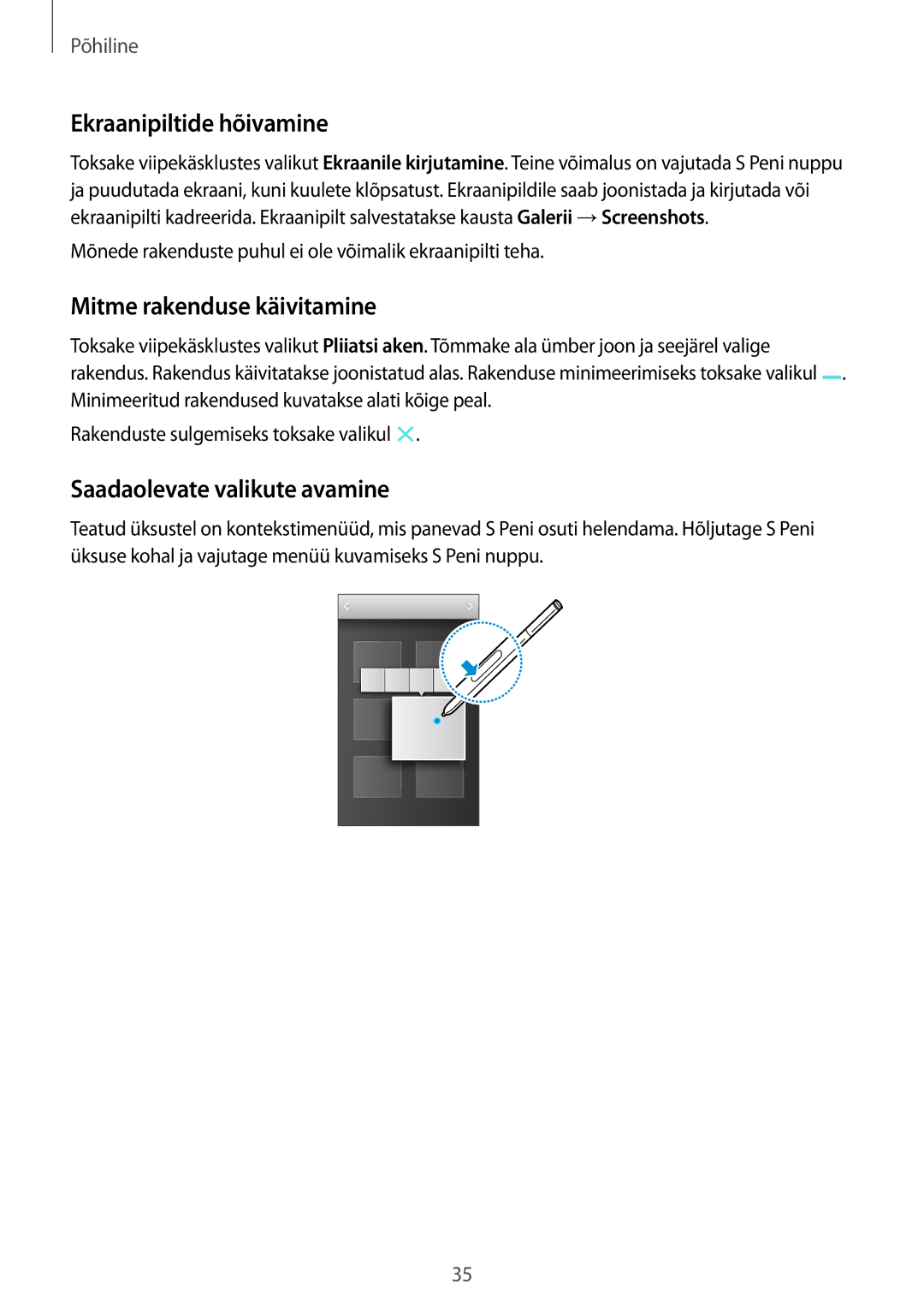 Samsung SM-N9005WDESEB manual Ekraanipiltide hõivamine, Mitme rakenduse käivitamine, Saadaolevate valikute avamine 