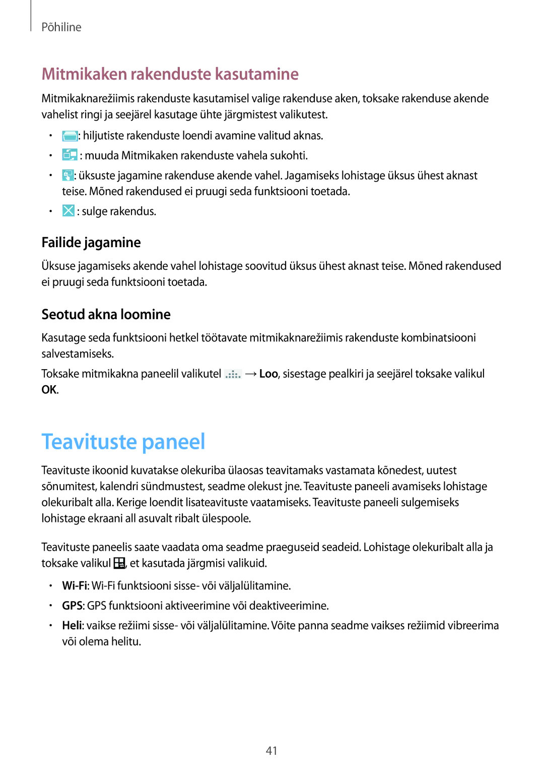 Samsung SM-N9005WDESEB manual Teavituste paneel, Mitmikaken rakenduste kasutamine, Failide jagamine, Seotud akna loomine 