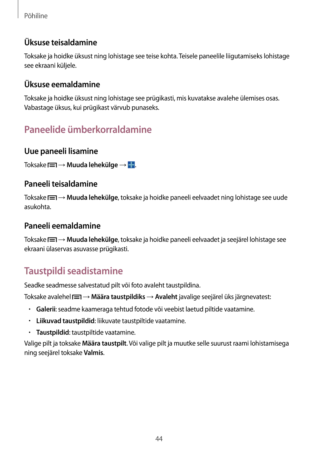 Samsung SM-N9005WDESEB, SM-N9005ZKESEB, SM-N9005ZWESEB manual Paneelide ümberkorraldamine, Taustpildi seadistamine 