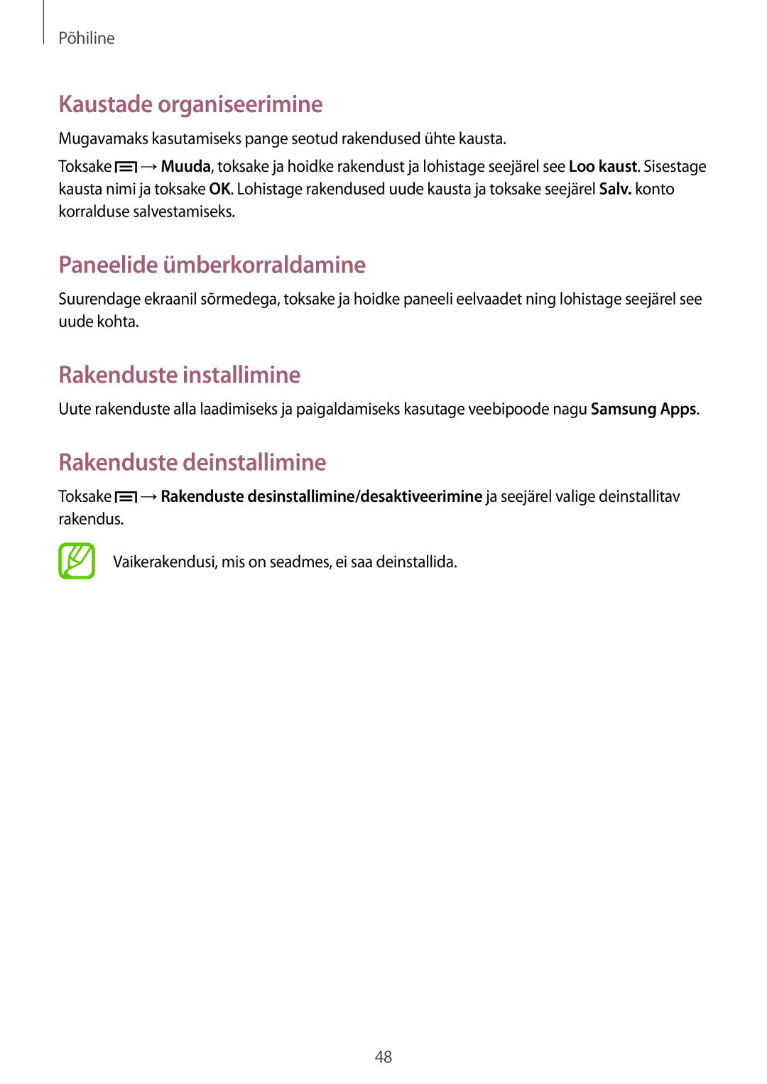 Samsung SM-N9005ZKESEB, SM-N9005ZWESEB manual Kaustade organiseerimine, Rakenduste installimine, Rakenduste deinstallimine 