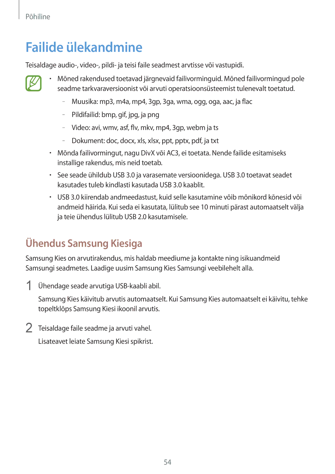 Samsung SM-N9005ZKESEB, SM-N9005ZWESEB, SM-N9005WDESEB manual Failide ülekandmine, Ühendus Samsung Kiesiga 