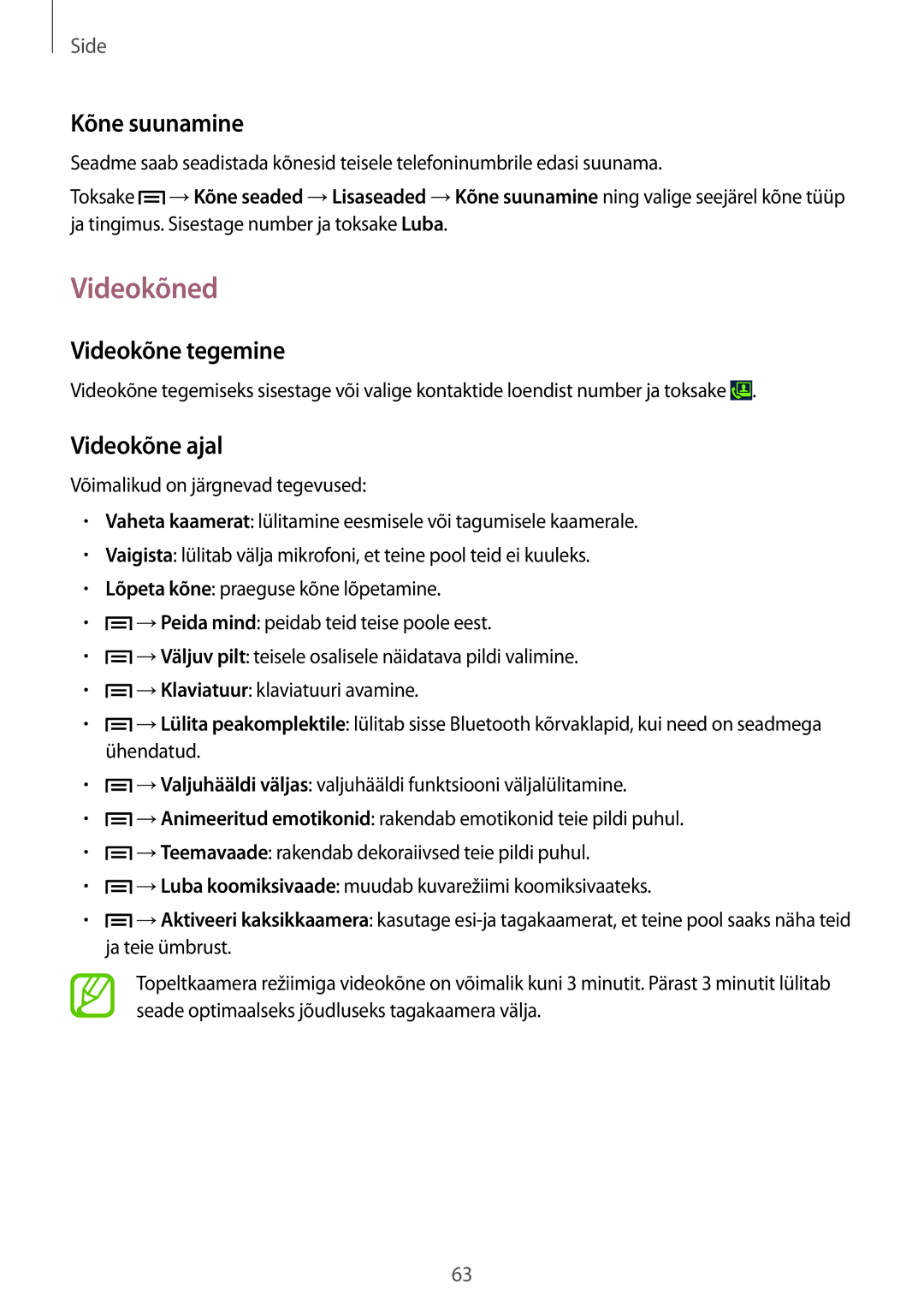 Samsung SM-N9005ZKESEB, SM-N9005ZWESEB, SM-N9005WDESEB manual Videokõned, Kõne suunamine, Videokõne tegemine, Videokõne ajal 