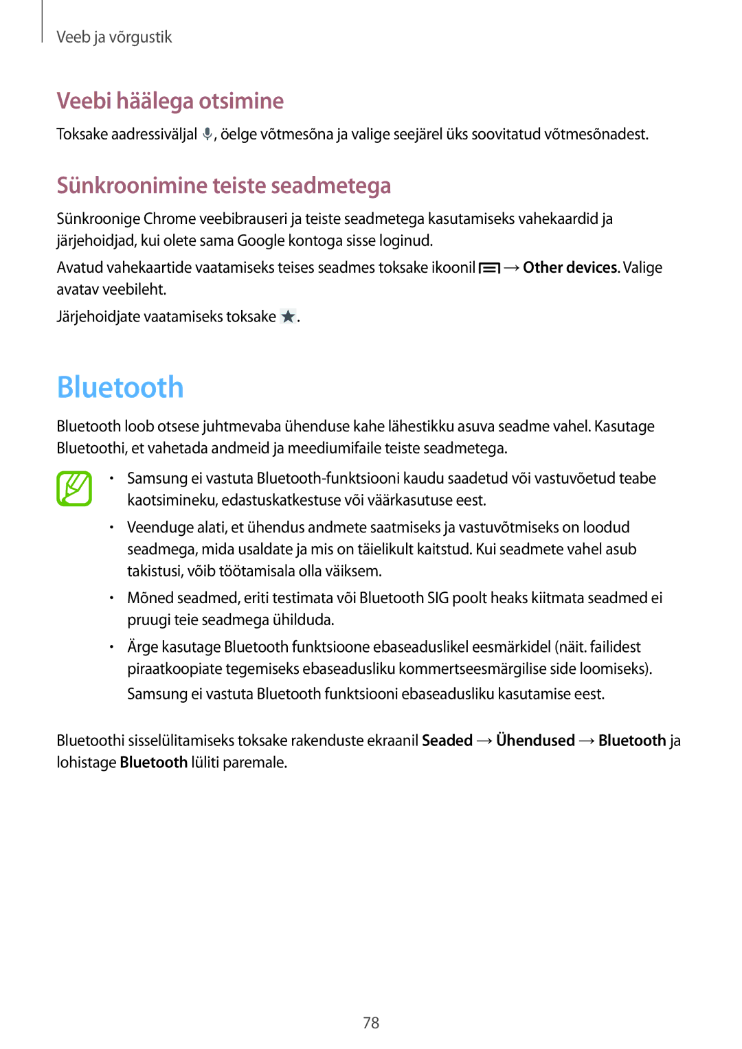 Samsung SM-N9005ZKESEB, SM-N9005ZWESEB, SM-N9005WDESEB Bluetooth, Veebi häälega otsimine, Sünkroonimine teiste seadmetega 