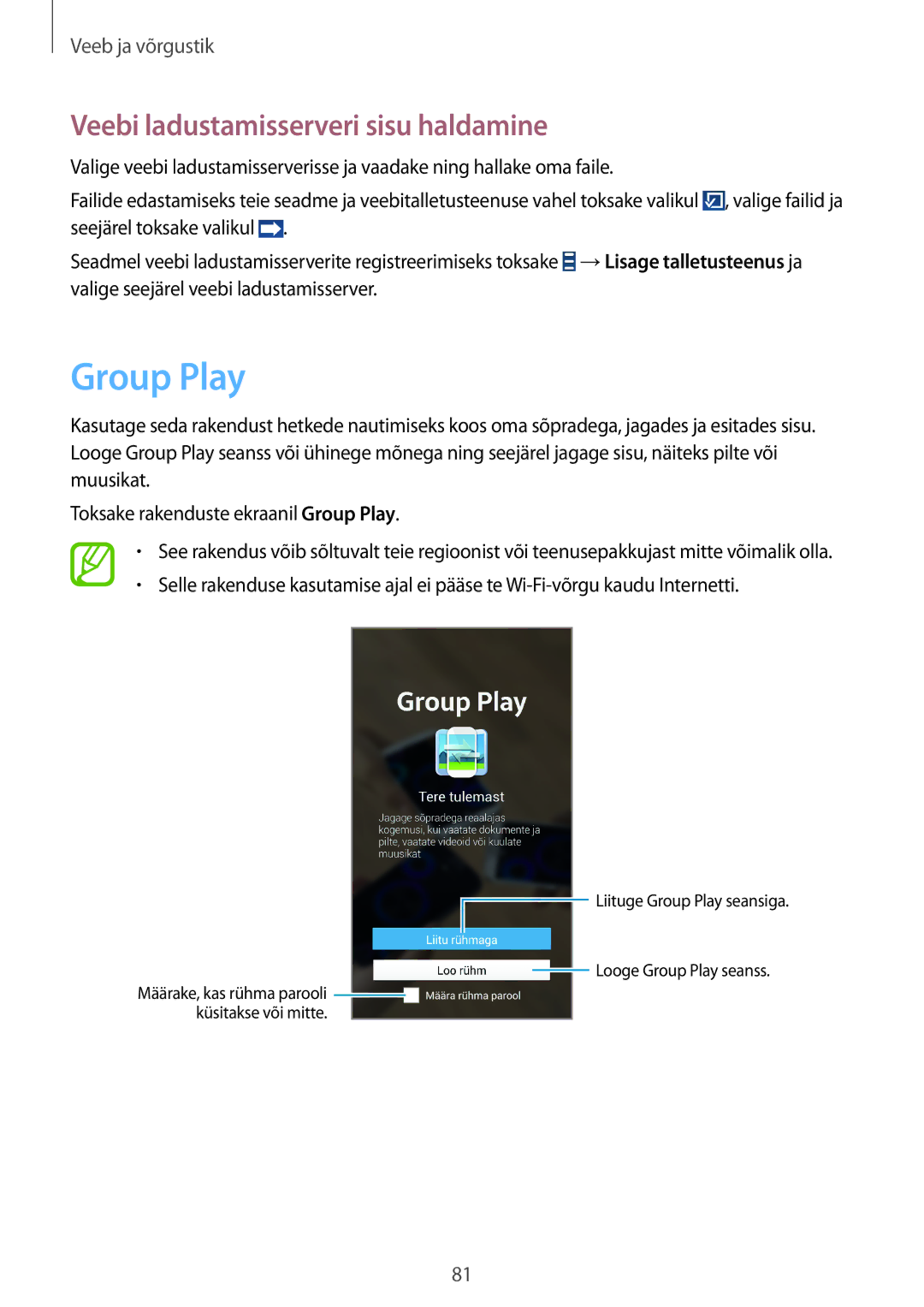 Samsung SM-N9005ZKESEB, SM-N9005ZWESEB, SM-N9005WDESEB manual Group Play, Veebi ladustamisserveri sisu haldamine 