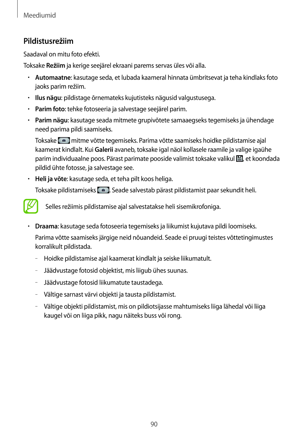 Samsung SM-N9005ZKESEB, SM-N9005ZWESEB, SM-N9005WDESEB manual Pildistusrežiim 