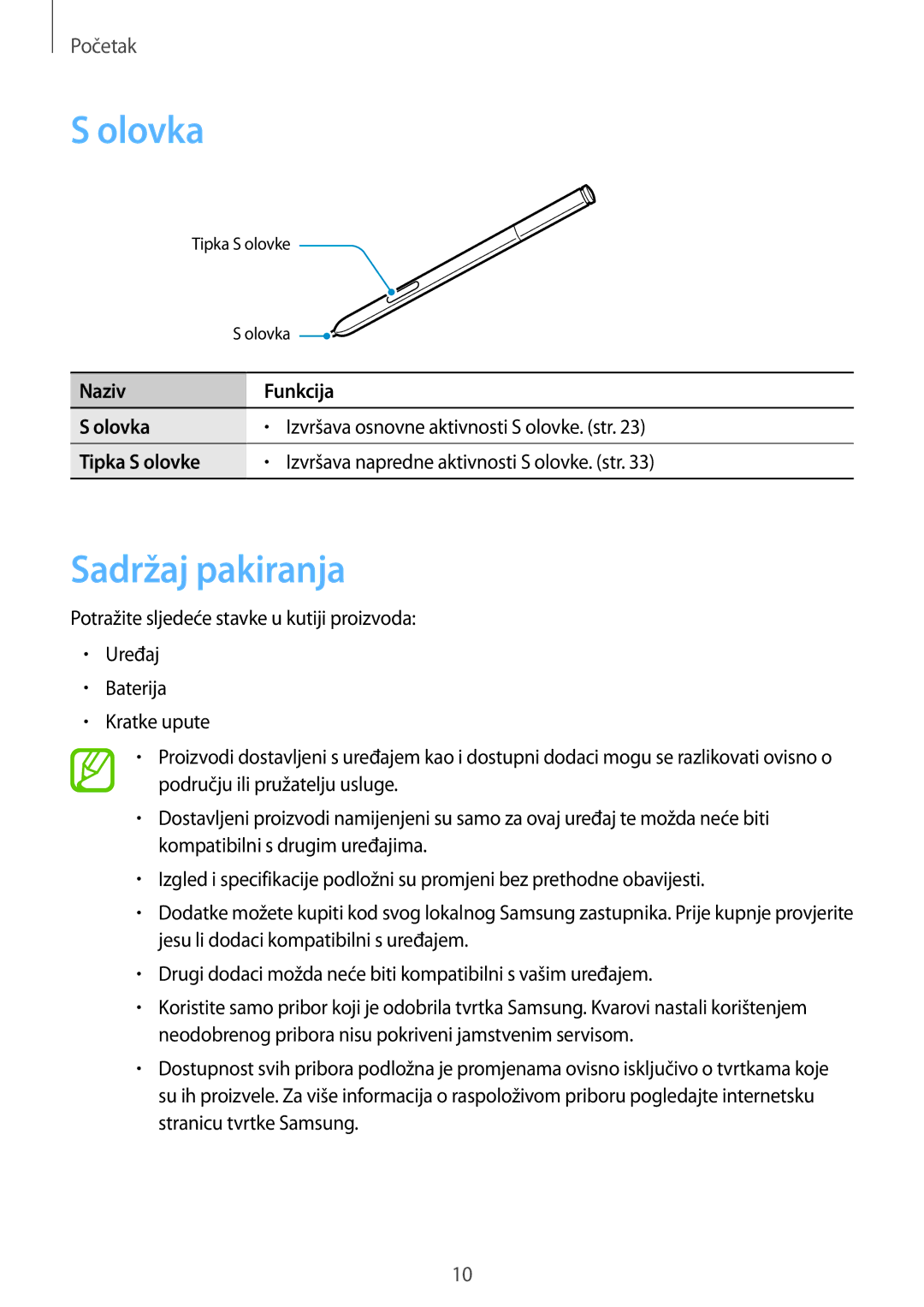 Samsung SM-N9005ZKECRO, SM-N9005ZKEVIP, SM-N9005ZKETWO, SM-N9005ZWESEE, SM-N9005ZWEVIP manual Olovka, Sadržaj pakiranja 