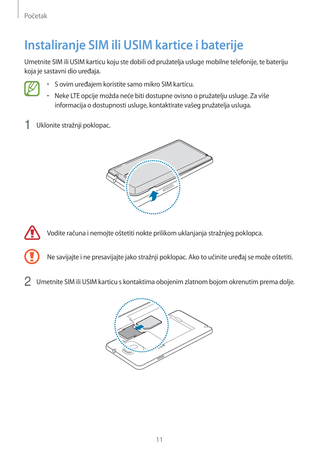 Samsung SM-N9005ZWEVIP, SM-N9005ZKEVIP, SM-N9005ZKETWO, SM-N9005ZWESEE manual Instaliranje SIM ili Usim kartice i baterije 