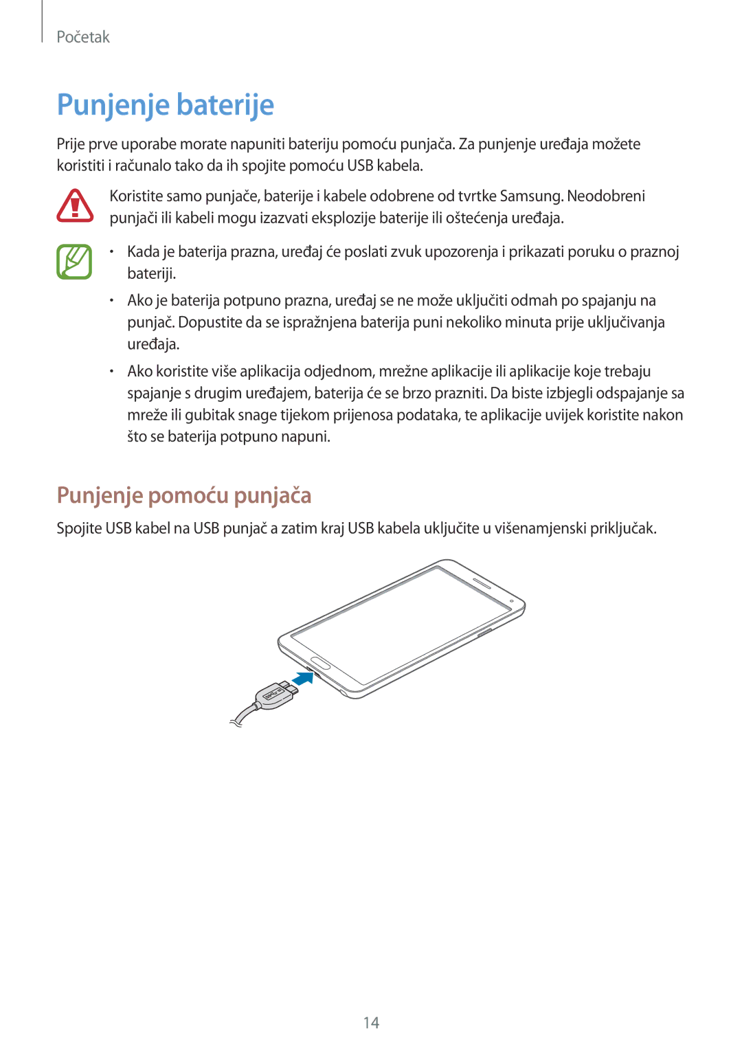 Samsung SM-N9005ZKEVIP, SM-N9005ZKETWO, SM-N9005ZWESEE, SM-N9005ZKECRO manual Punjenje baterije, Punjenje pomoću punjača 