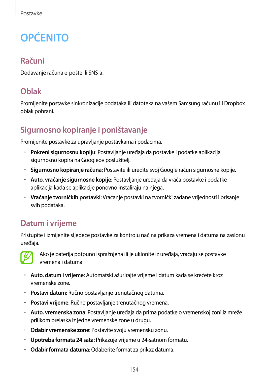 Samsung SM-N9005ZKEVIP, SM-N9005ZKETWO, SM-N9005ZWESEE Računi, Oblak, Sigurnosno kopiranje i poništavanje, Datum i vrijeme 