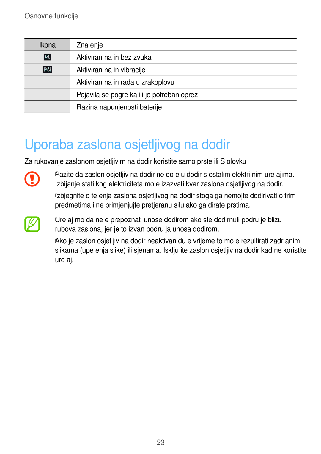 Samsung SM-N9005ZWESEE, SM-N9005ZKEVIP, SM-N9005ZKETWO manual Uporaba zaslona osjetljivog na dodir, Osnovne funkcije 