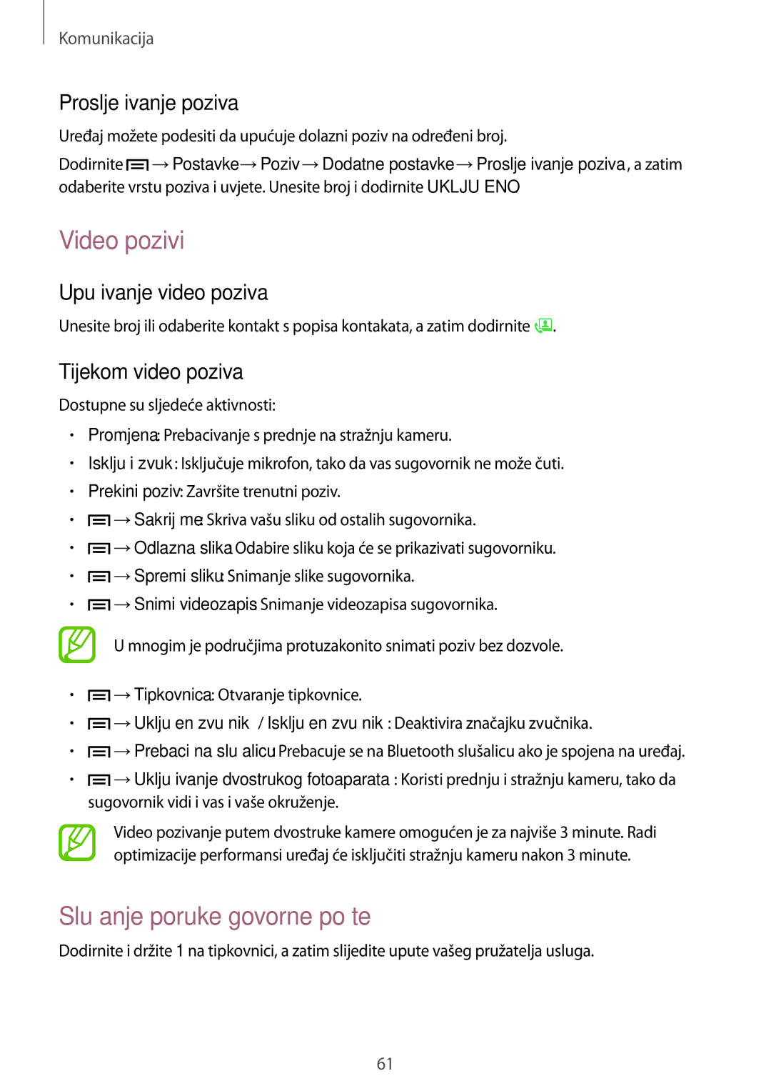 Samsung SM-N9005ZWETWO manual Video pozivi, Slušanje poruke govorne pošte, Prosljeđivanje poziva, Upućivanje video poziva 