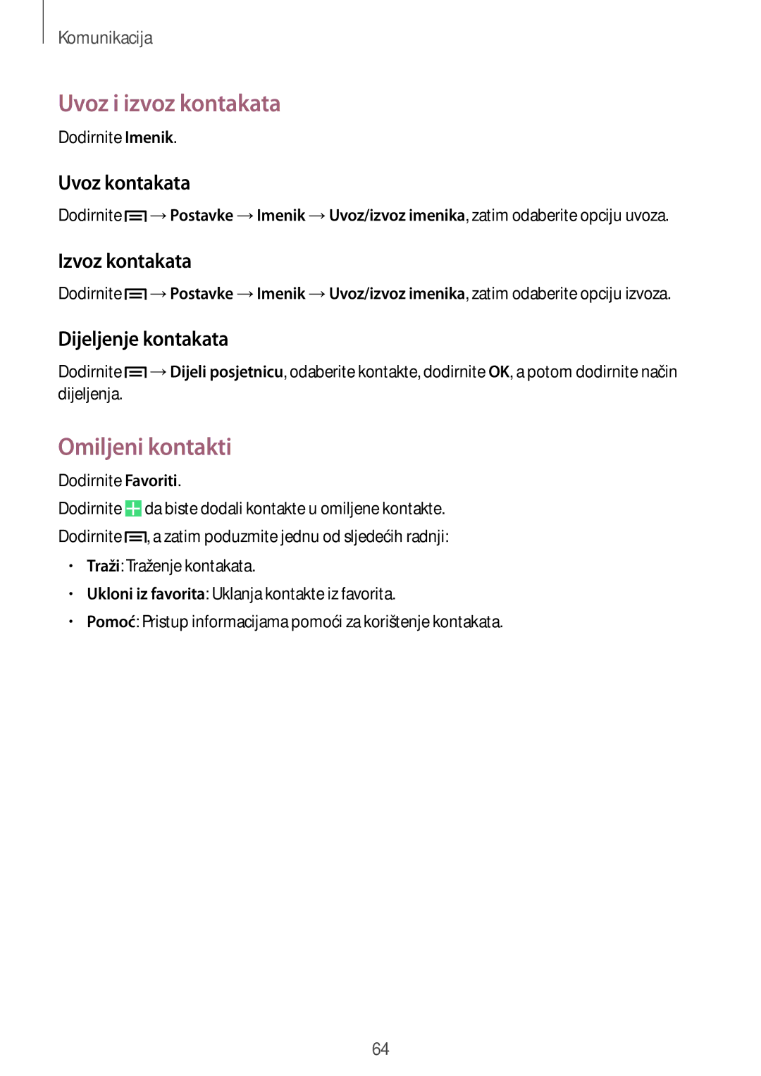 Samsung SM-N9005ZKETWO Uvoz i izvoz kontakata, Omiljeni kontakti, Uvoz kontakata, Izvoz kontakata, Dijeljenje kontakata 