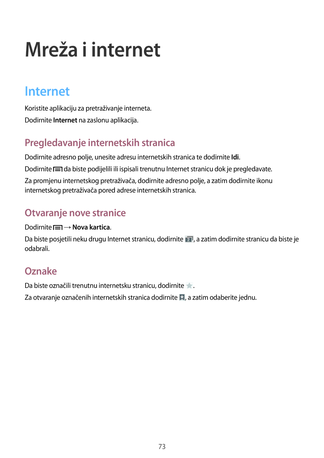 Samsung SM-N9005ZKECRO, SM-N9005ZKEVIP manual Internet, Pregledavanje internetskih stranica, Otvaranje nove stranice, Oznake 