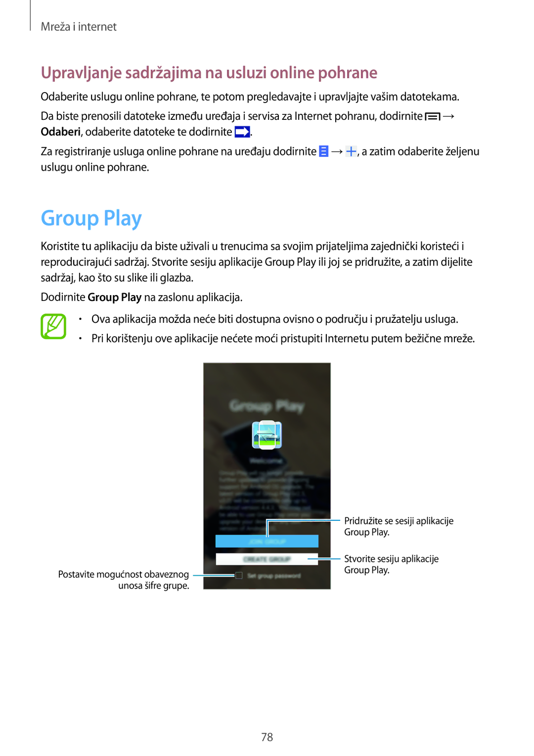 Samsung SM-N9005ZKETWO, SM-N9005ZKEVIP, SM-N9005ZWESEE manual Group Play, Upravljanje sadržajima na usluzi online pohrane 