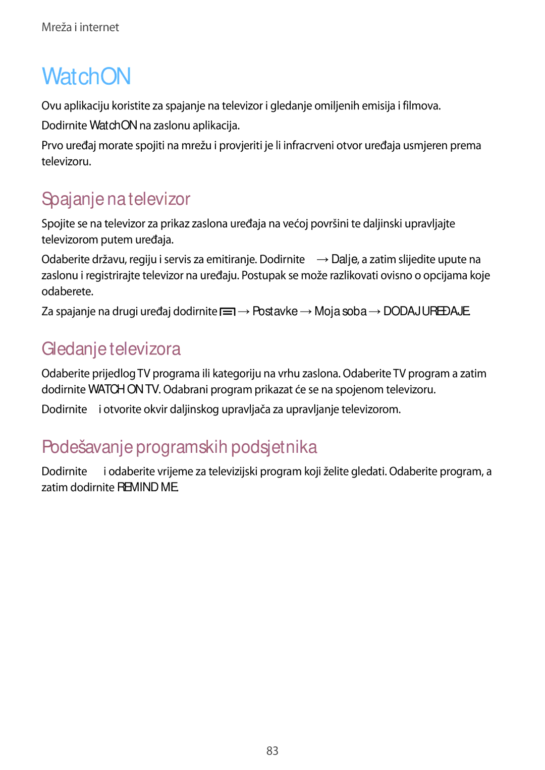 Samsung SM-N9005ZKESEE manual WatchON, Spajanje na televizor, Gledanje televizora, Podešavanje programskih podsjetnika 