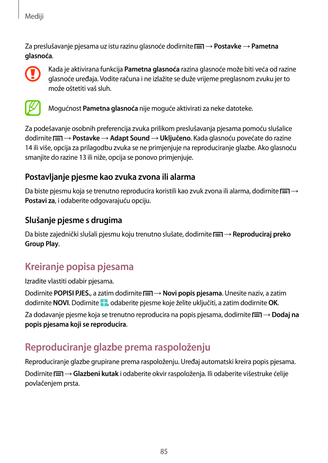 Samsung SM-N9005ZKETWO manual Kreiranje popisa pjesama, Reproduciranje glazbe prema raspoloženju, Slušanje pjesme s drugima 