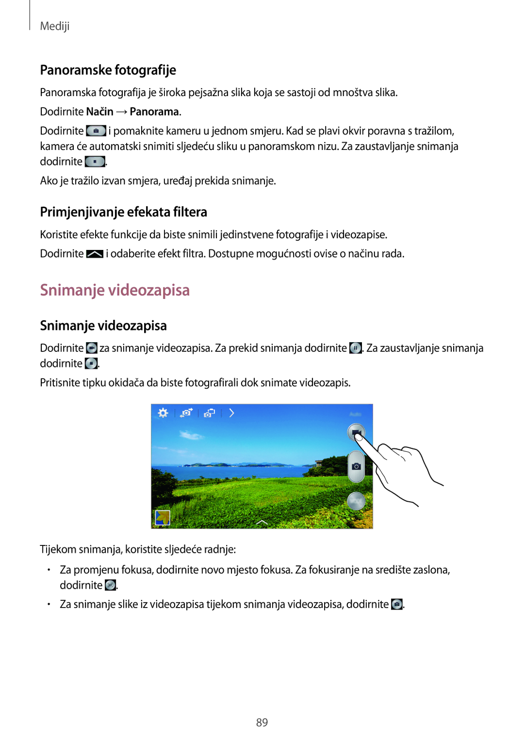 Samsung SM-N9005ZWETWO, SM-N9005ZKEVIP manual Snimanje videozapisa, Panoramske fotografije, Primjenjivanje efekata filtera 